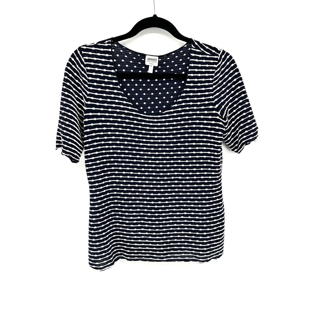 ARMANI Collezioni Navy Blue White Striped Semi Sheer Textured Short Sleeve Top 6